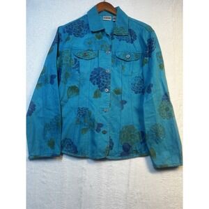 Chico's Women's Jacket M Cotton Button Up Lightweight Floral Blue Turquoise Jean